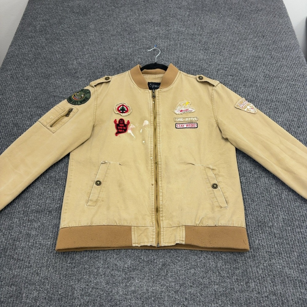 Spmor Jacket Mens L Tan Cotton Patch Distressed Full‎ Zip Bomber Streetwear Punk